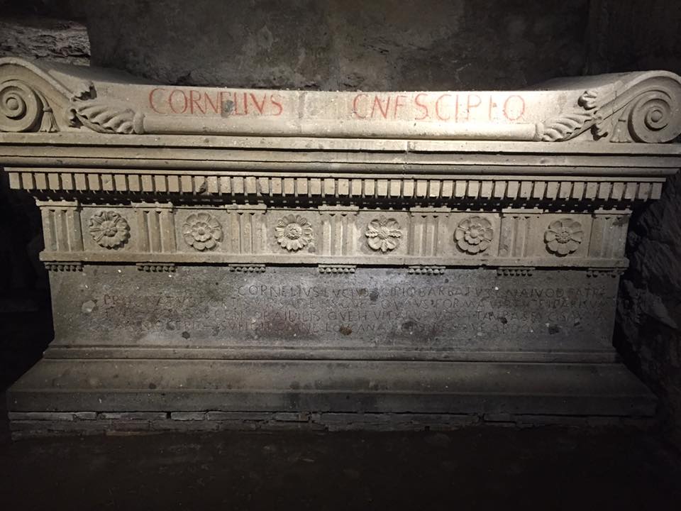Copy of Scipio Barbatus' sarcophagus (died ca. 280 BCE): great grandfather of Scipio Africanus, he was a consul, censor, & general in the 3rd Samnite War. His Saturnian verse epitaph, attributed to Ennius, dates ca. 200, and there is an erasure in the top lines.  #rewritinghistory