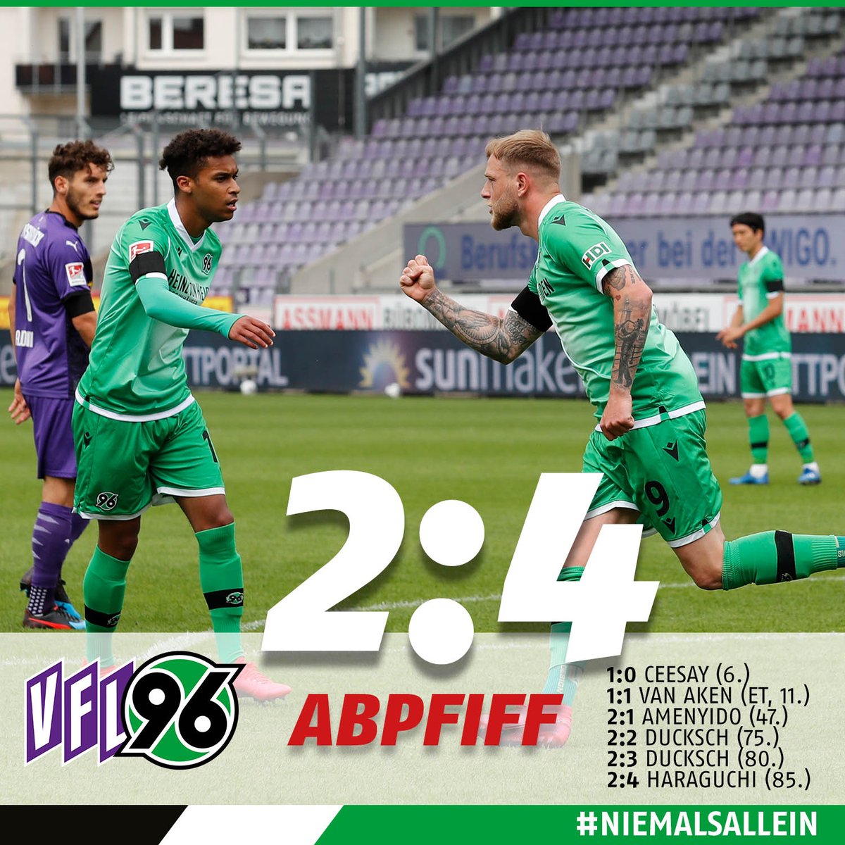 Hannover96's tweet photo. 90' Schluss an der #BremerBrücke: #AUSWÄRTSSIEG! 🎉🎉🎉 #H96 #NiemalsAllein ⚫⚪💚 | #OSNH96 2:4 https://t.co/1ohOig5Qbe