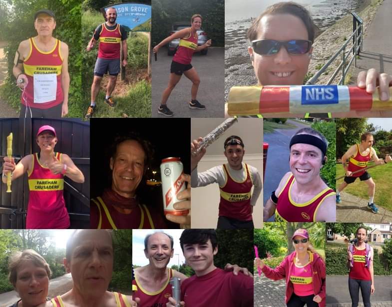 EmHelyer's tweet photo. Fareham Crusaders. 54 hour virtual relay started at 1pm on Friday, finishing at 7pm Sunday evening. So far, as a club, we've raised £964 for Solent Mind. Give us a cheer, if you see us in our club t-shirt and array of 'batons'. https://t.co/c057a5aZs8 #FCRCRELAY #UNSTOPPABLE https://t.co/yenwMt1yLv