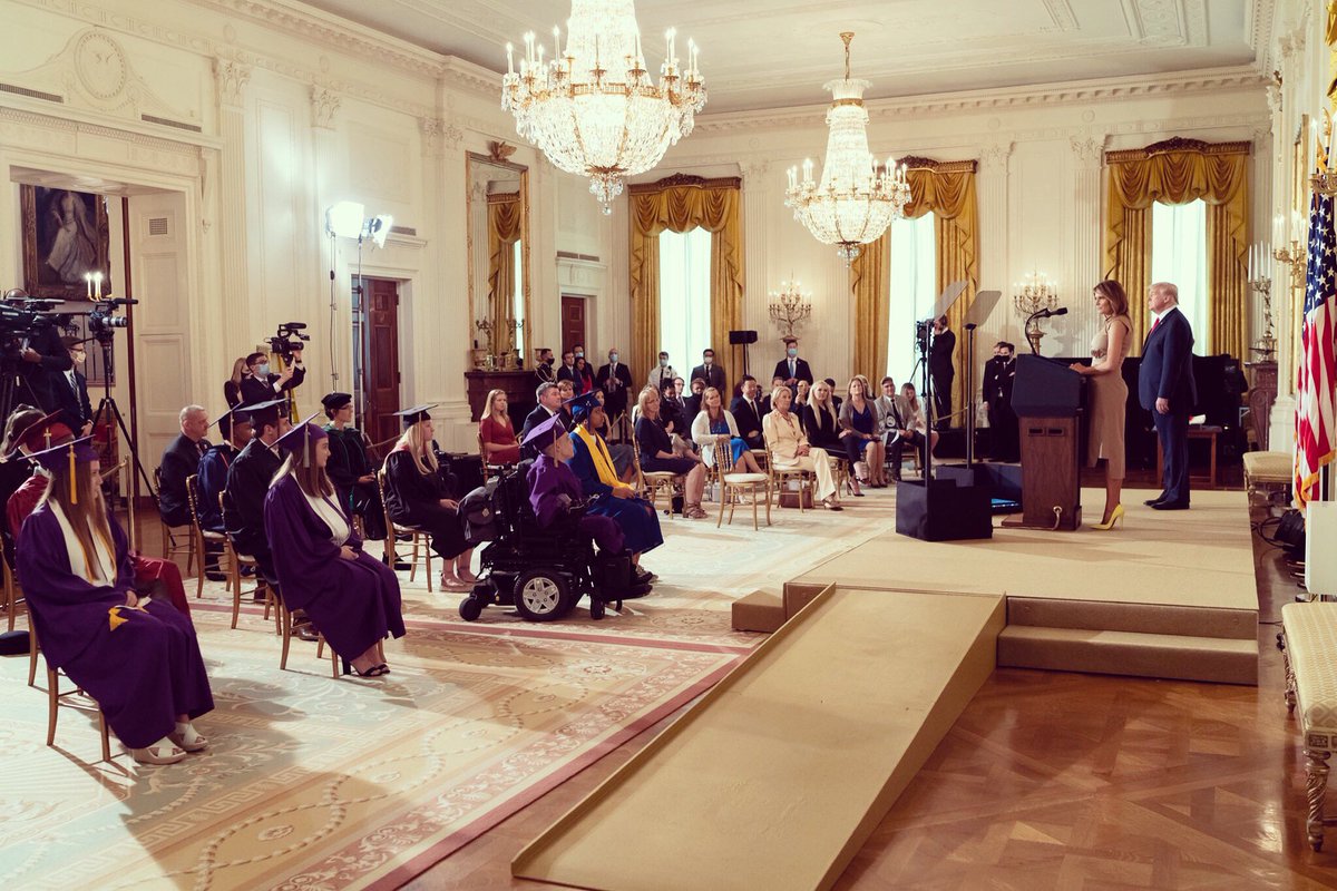 FLOTUS45's tweet photo. Graduation is a pivotal moment for students of all education levels. @POTUS &amp; I were proud to recognize &amp; celebrate the class of 2020 with a few graduates at the @WhiteHouse yesterday. Keep chasing your dreams &amp; striving to be your best self! https://t.co/UUjNbSIfJe