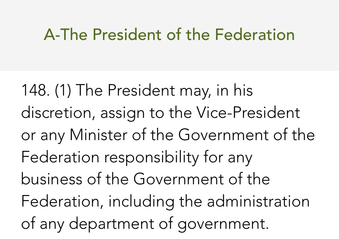 The constitution does not say a Vice President has any executive roles, not even a deputy executive role. All executive powers belong only to the President which he can delegate as he wishes to any member of his cabinet, including the Vice President, according to section 148