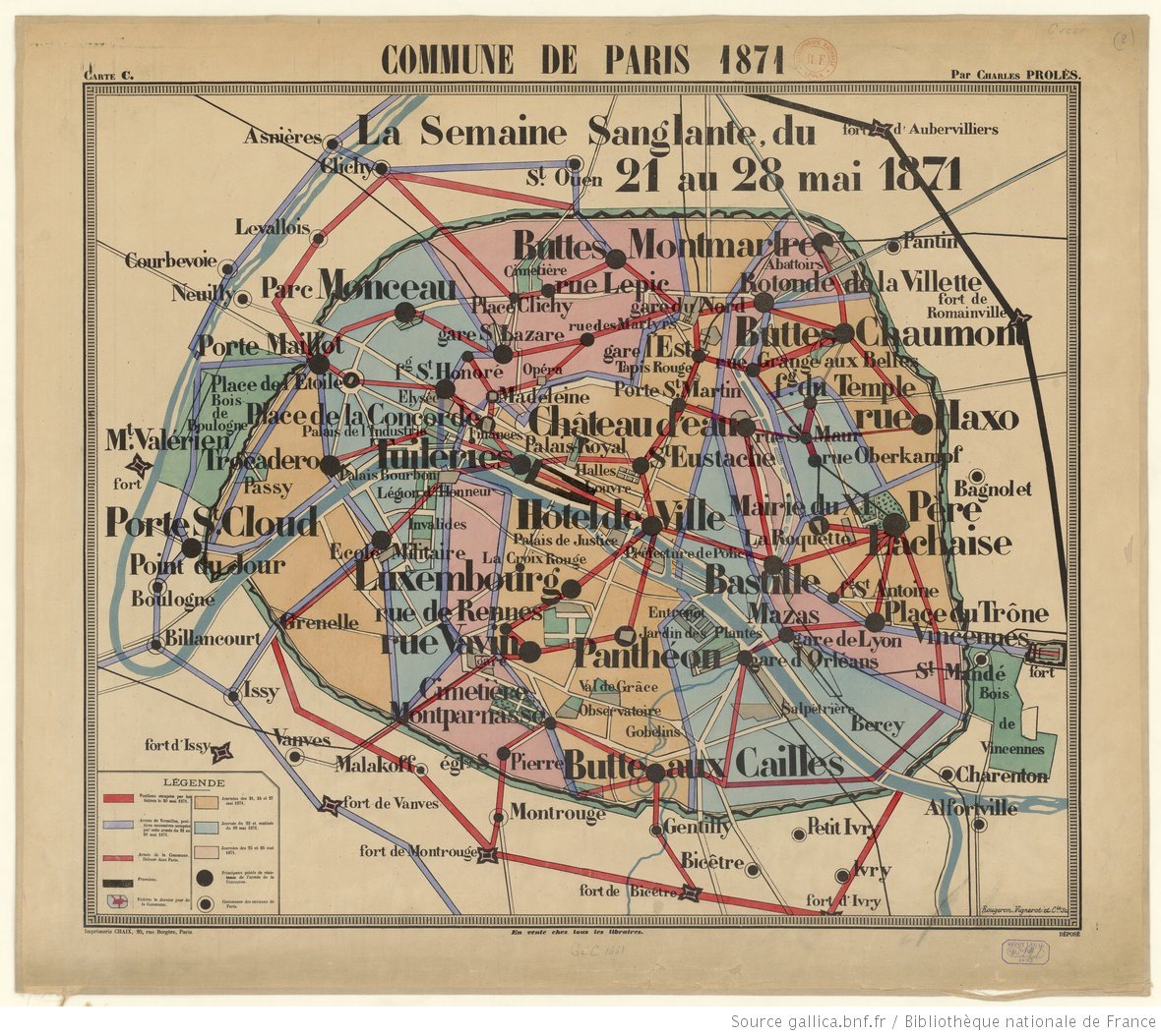 23 May 1871 was the day the French army took Montmartre and Montparnasse from the Commune troops... the pink sector on the West side of the map shows their advance, black dots = major barricade fighting... 1/