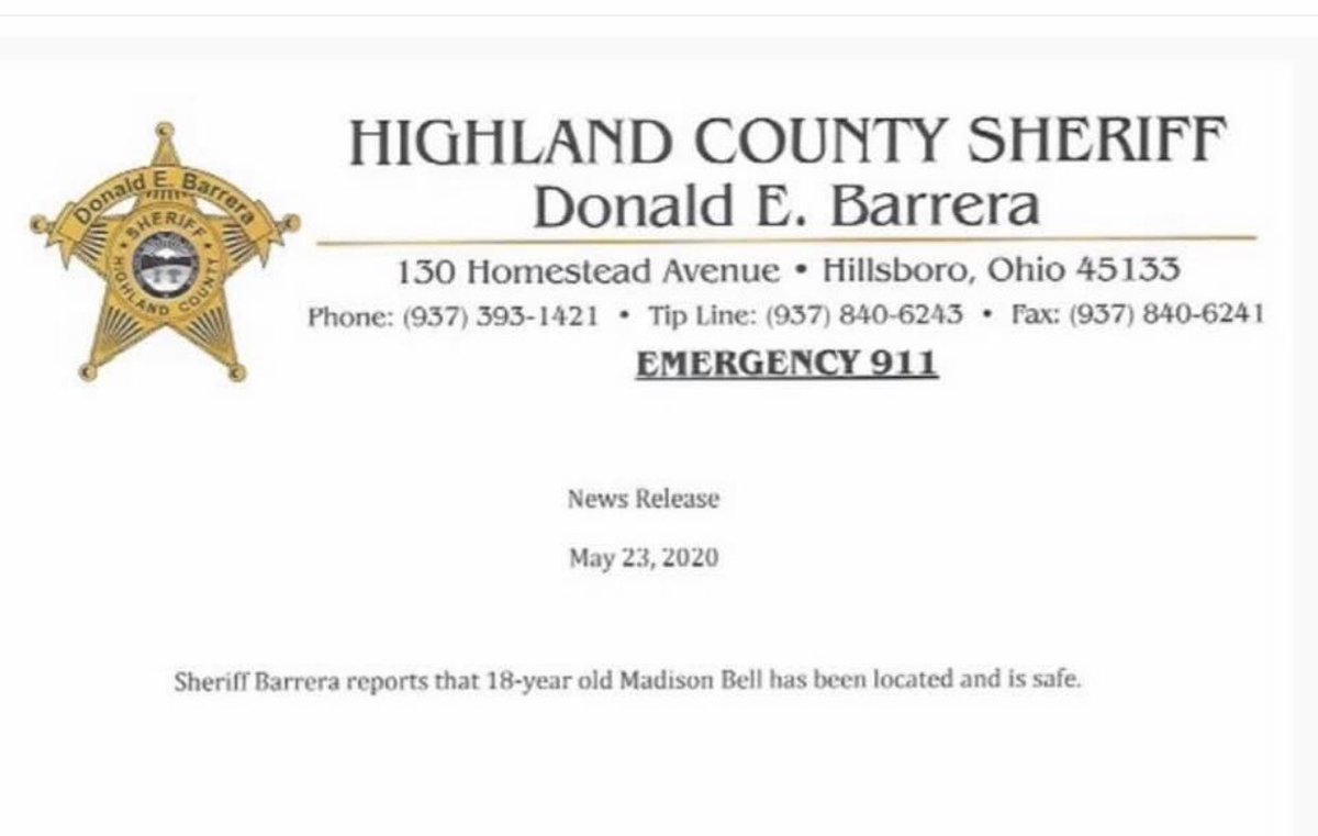 Update: #MadisonBell has been found and is safe according to the Highland Co. Sheriff’s Office with no other details are being released at this time. We truly appreciate your support for all of our @MissingKids 💛 #LivePD 1-800-843-5678 <a href="/OfficialLivePD/">Live PD on A&E</a> <a href="/LivePDNation/">Benny</a> <a href="/rebec_kovar/">Becky Kovar Steinbach</a>