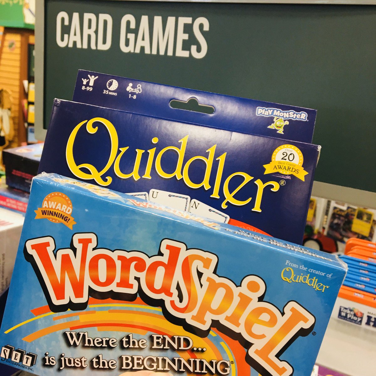 BNWellington's tweet photo. Need some new games for #familygamenight? We recommend the inexpensive card games #Quiddler and #WordSpiel! Order them at https://t.co/MYZvrEkDaO and select to pick them up curbside. Curbside’s available Monday-Saturday 9:30-5:00. They’ll be no curbside pickup on Memorial Day. https://t.co/6vxRi7C4Sk