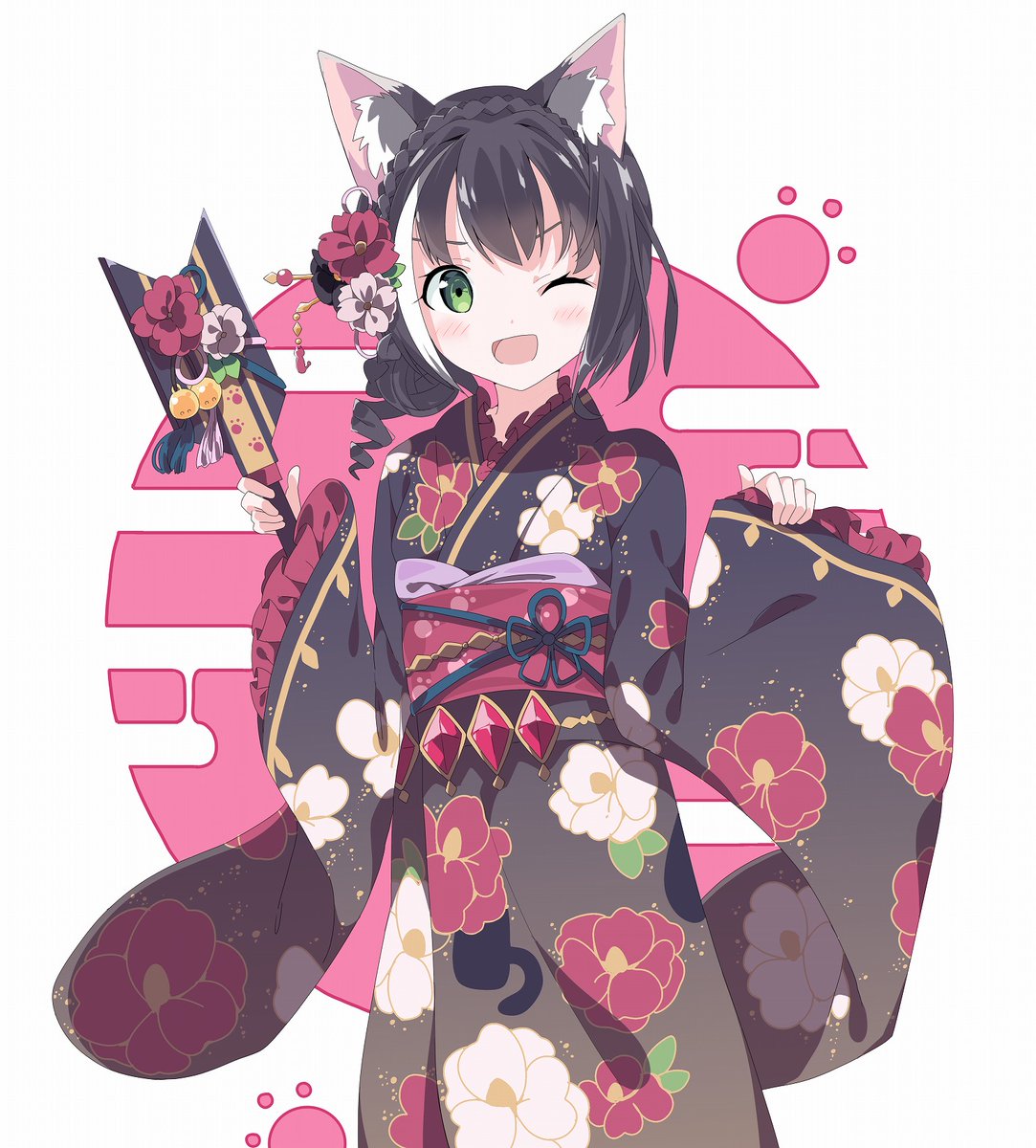 karyl (princess connect!) 1girl animal ears one eye closed solo japanese clothes kimono cat ears  illustration images