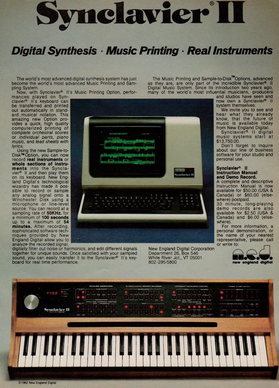 The New England Digital Synclavier, launched in 1977 and updated in 1980, was one of the first digital synths to use FM synthesis. Later models allowed digital sampling to magnetic disc, meaning that a vast range of new sounds were available to you. It was also polyphonic!