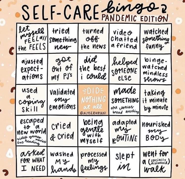 COVIDIPV's tweet photo. It is important to be mindful of self care but we may need to be creative in how we do so at this time. Here are some ideas to try out!  #selfcare #trauma #traumainformed #healing #wellness #mentalhealth #stress #COVIDIPV https://t.co/B3JFieFHSk