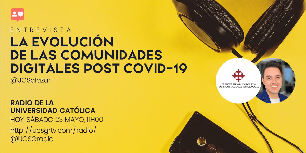engageec's tweet photo. Acompáñanos hoy a la entrevista 🎙 "La evolución de las comunidades digitales post #Covid19" para la Universidad Católica de Santiago de Guayaquil, desde las 11AM. Pueden escucharla en directo en 📲 https://t.co/Kl9jQ3jsKd @ucsgradio junto a @adirendon y @josecalderon76 https://t.co/WpOS0Ci1G0