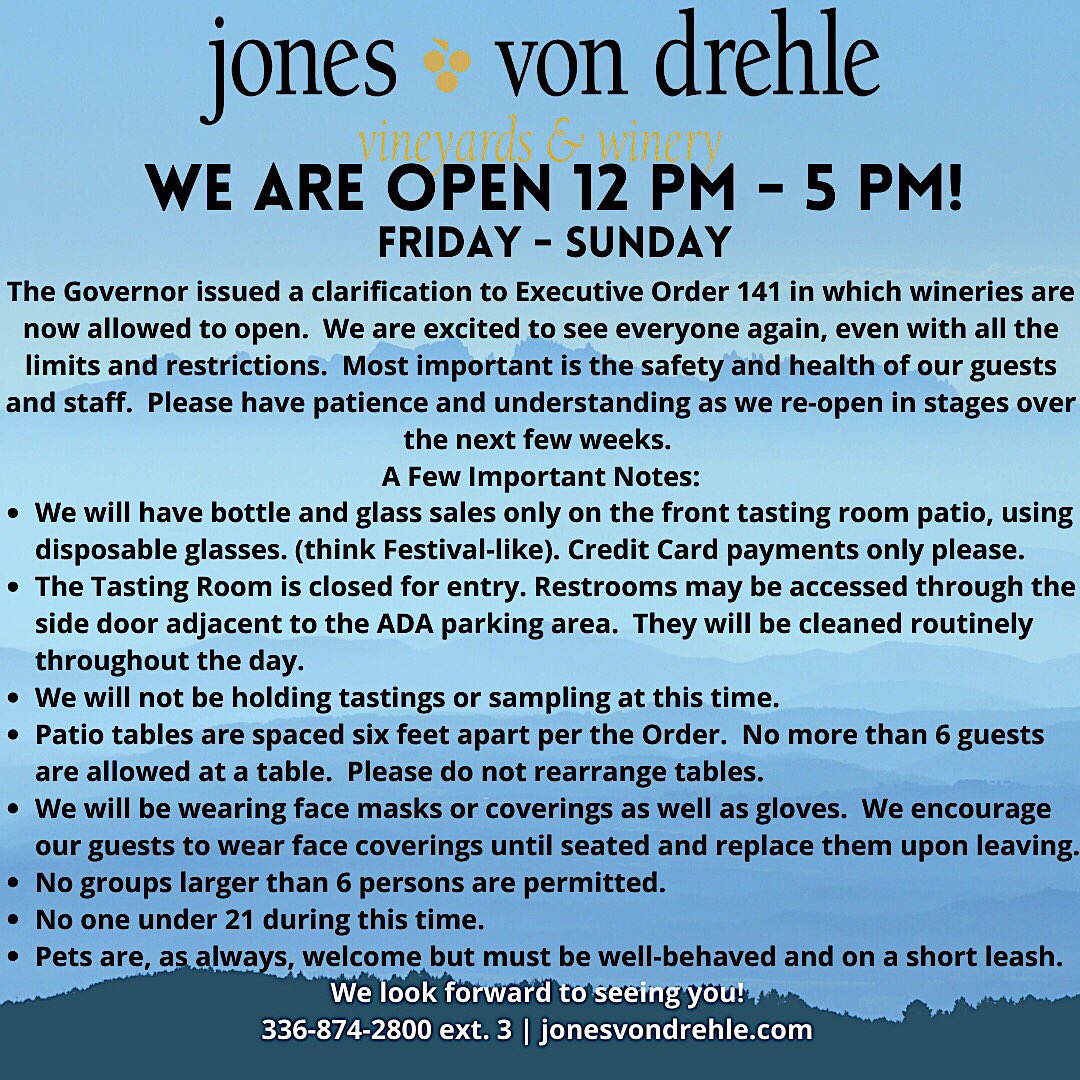 JonesvonDrehle's tweet photo. We Are Open! We were informed last night that Governor revised the order concerning wineries. Please read our current guidelines before visiting, & please have patience as we work through new requirements for opening.Thrilled to see you all. #ncwine #supportlocal #SupportSmallBus https://t.co/CoGmL3aq0o