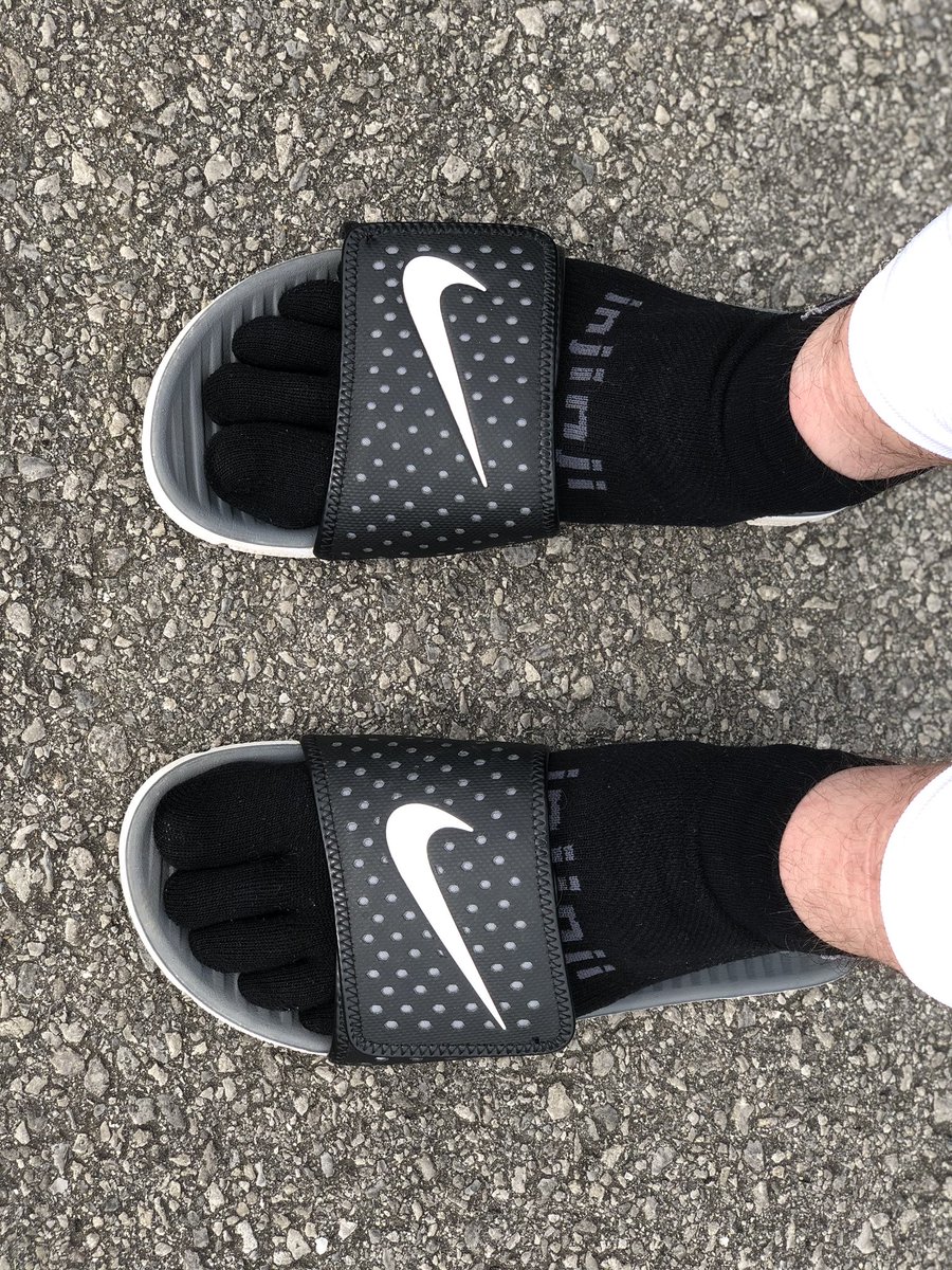 Post run fashion statement. 😂 <a href="/injinji/">Injinji</a> toe socks and <a href="/Nike/">Nike</a> slides. #running