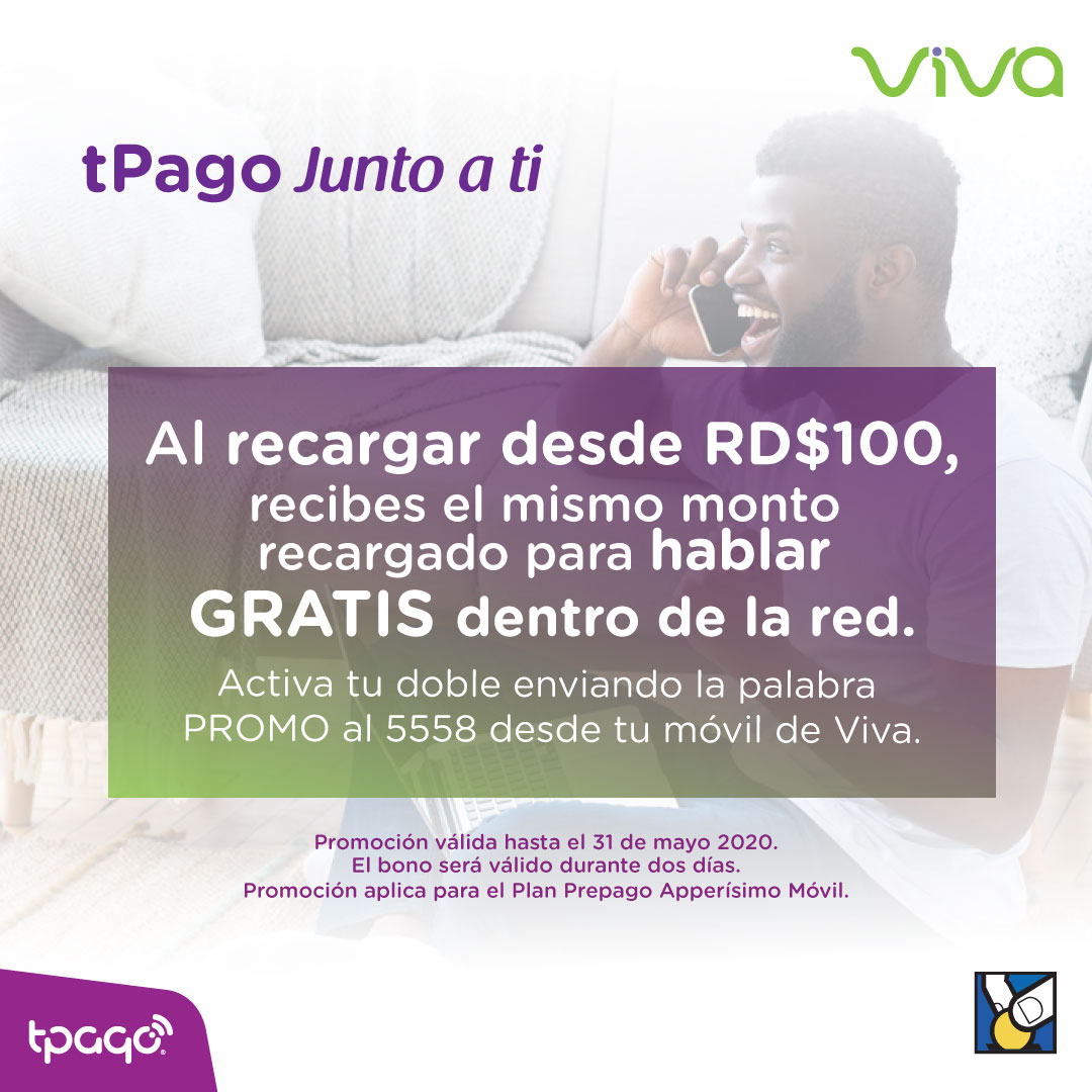 AsocPopular's tweet photo. ¡Habla gratis dentro de la red @Viva_RD!
Con solo recargar tu móvil con @tPago recibes el doble. Marca *150# opción 5 o desde la #ApptPago https://t.co/VeQoQZSBfA
