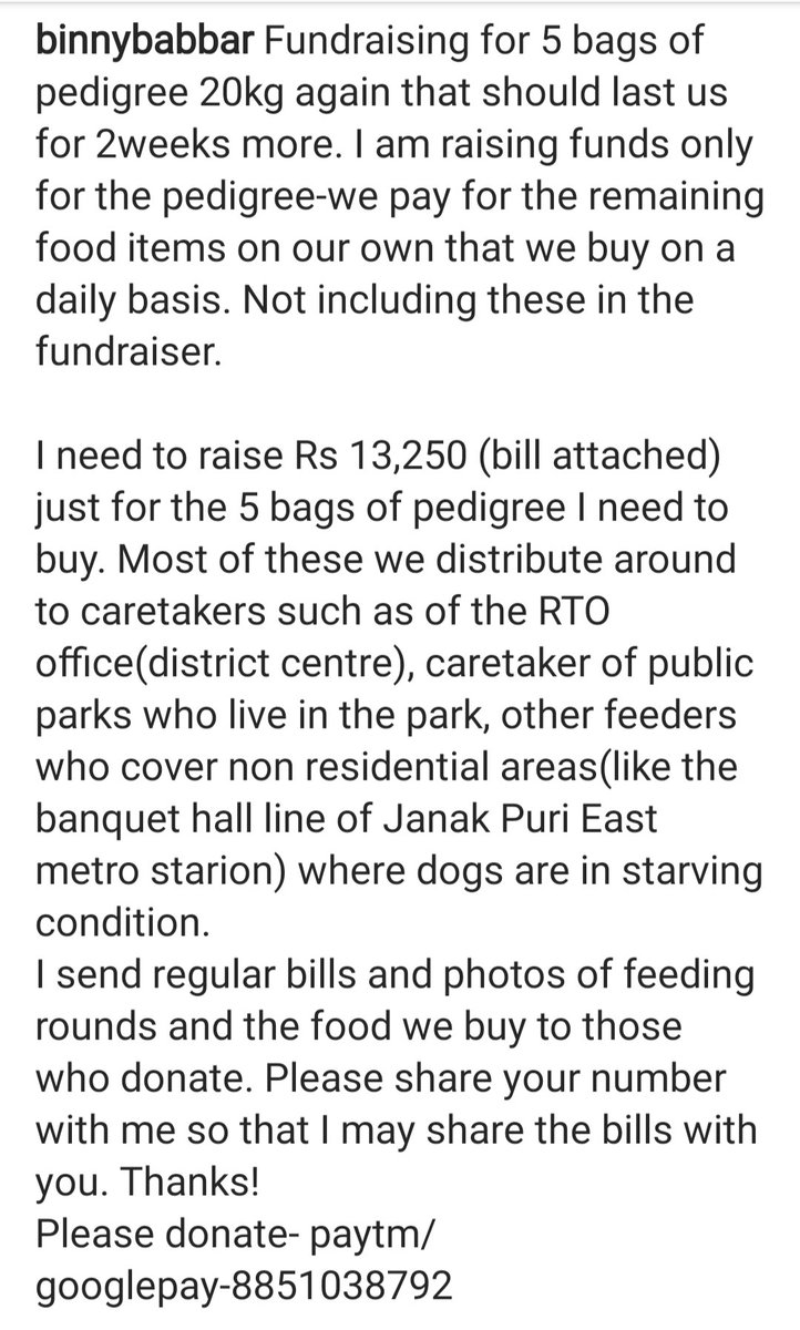StutiNMishra's tweet photo. #FundraisingRequest : Received quick help from donors the last time I posted. Please show some love to the dogs again. A dedicated rescuer and a good friend is raising funds for 5 bags of 20 kgs pedigree. Bill and Details of her paytm/google pay are attached here. Please RT https://t.co/flkI02XplR