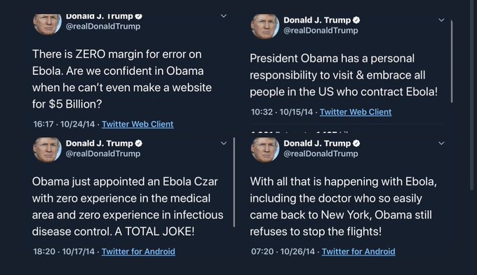 ShirlAAdams's tweet photo. @STabbytosavit @realDonaldTrump @BarackObama Look @ tweet by @realDonaldTrump where he suggests "Pres.Obama has a personal responsibility to visit&amp;embrace all people in the US who contract Ebola."😳 So will DJT do the same w/ #COVID19 patients? After all, he said it was the 'New Hoax.'👿#TrumpDeathToll97K #Golfer #TrumpLied https://t.co/q5JiBIArkB