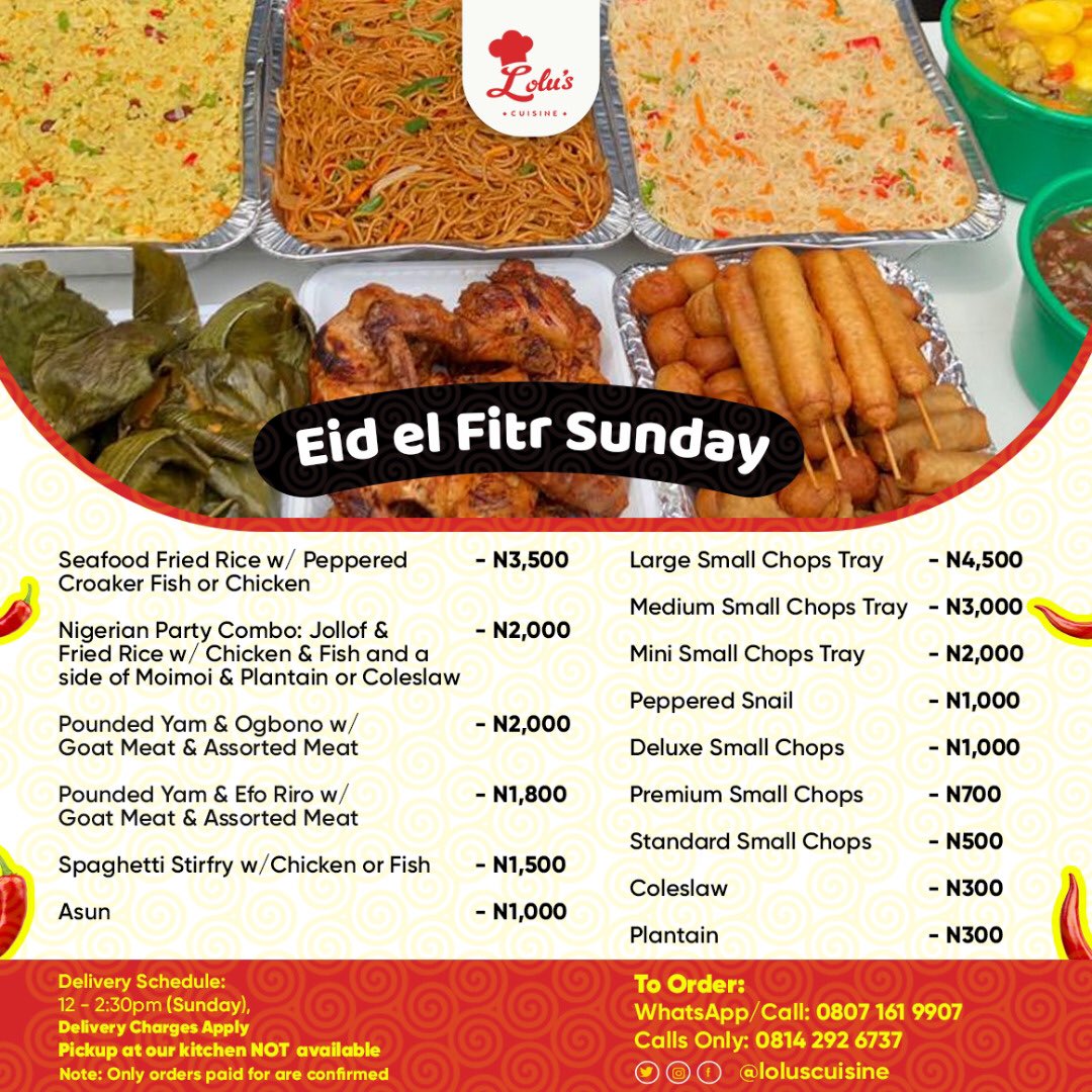 EID EL FITR SUNDAY DELIVERY MENUYou guys asked and we listenedFor those that have been asking if we deliver on Sundays and most especially our Muslim fam, we’ve got you covered. We’ll be taking orders till 10PM today.-We deliver to every area in IbadanPlease RETWEET