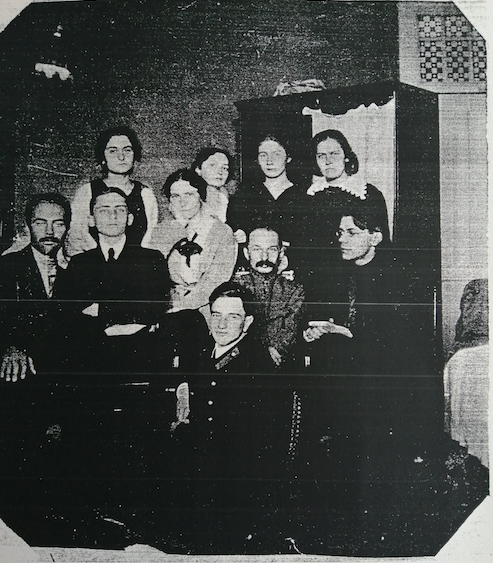 5/n A dictator seized over. Marschak had to flee, cross mountains by foot, starved, thought his sister has been shot, finally found her, caught the Spanish Flu on a boat, almost died, finally reached Kiev to be reunited w/ family (Marschak is 2nd row, black tie, fierce eye)