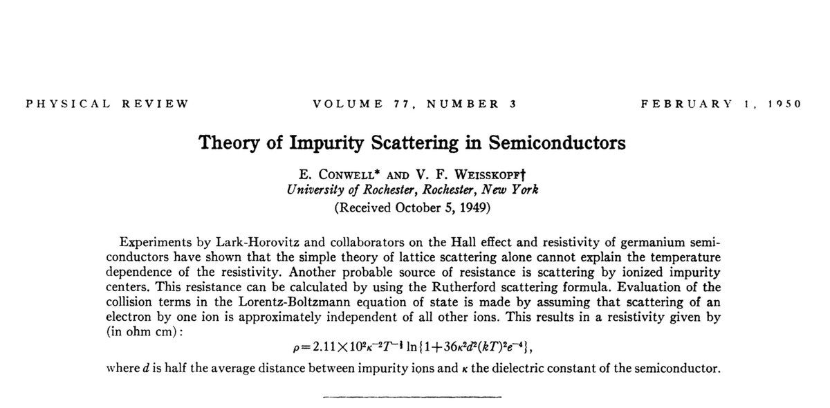 The Conwell-Weisskopf theory was developed in 1943, over the course of only a few months. It was considered so important that it was classified as part of the war effort, and not published until 1950. https://journals.aps.org/pr/abstract/10.1103/PhysRev.77.388