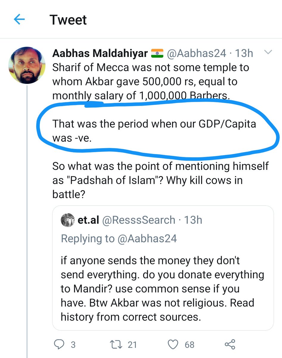 CatfishCorona's tweet photo. @Dharmayuddhaa @crypdrip @Aabhas24 Here are Aabhas' flips:
1. Says -ve percapita rate in Akbar period. 
2. Changes it to "may or may not be" negative in his period. 
3. Changes again to -ve per capita rate in Akbar's period. 
4. Accepts he doesn't know exact figures. 
Seriously whale? Might be a dolphin with flips https://t.co/WhLxlHQTh5