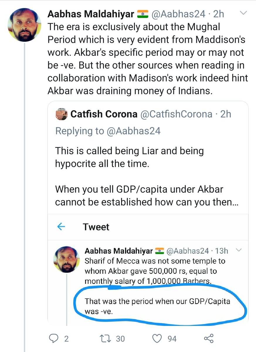CatfishCorona's tweet photo. @Dharmayuddhaa @crypdrip @Aabhas24 Here are Aabhas' flips:
1. Says -ve percapita rate in Akbar period. 
2. Changes it to "may or may not be" negative in his period. 
3. Changes again to -ve per capita rate in Akbar's period. 
4. Accepts he doesn't know exact figures. 
Seriously whale? Might be a dolphin with flips https://t.co/WhLxlHQTh5