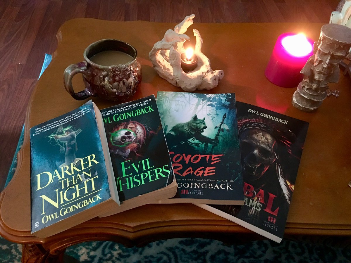 A little light Saturday Reading and coffee, where to start...  #SaturdayMorning #reading #EvilWhispers #DarkerThanNight #CoyoteRage #TribalScreams #OwlGoingback #horror #horrorbook #read #scary <a href="/OGoingback/">Owl Goingback</a>