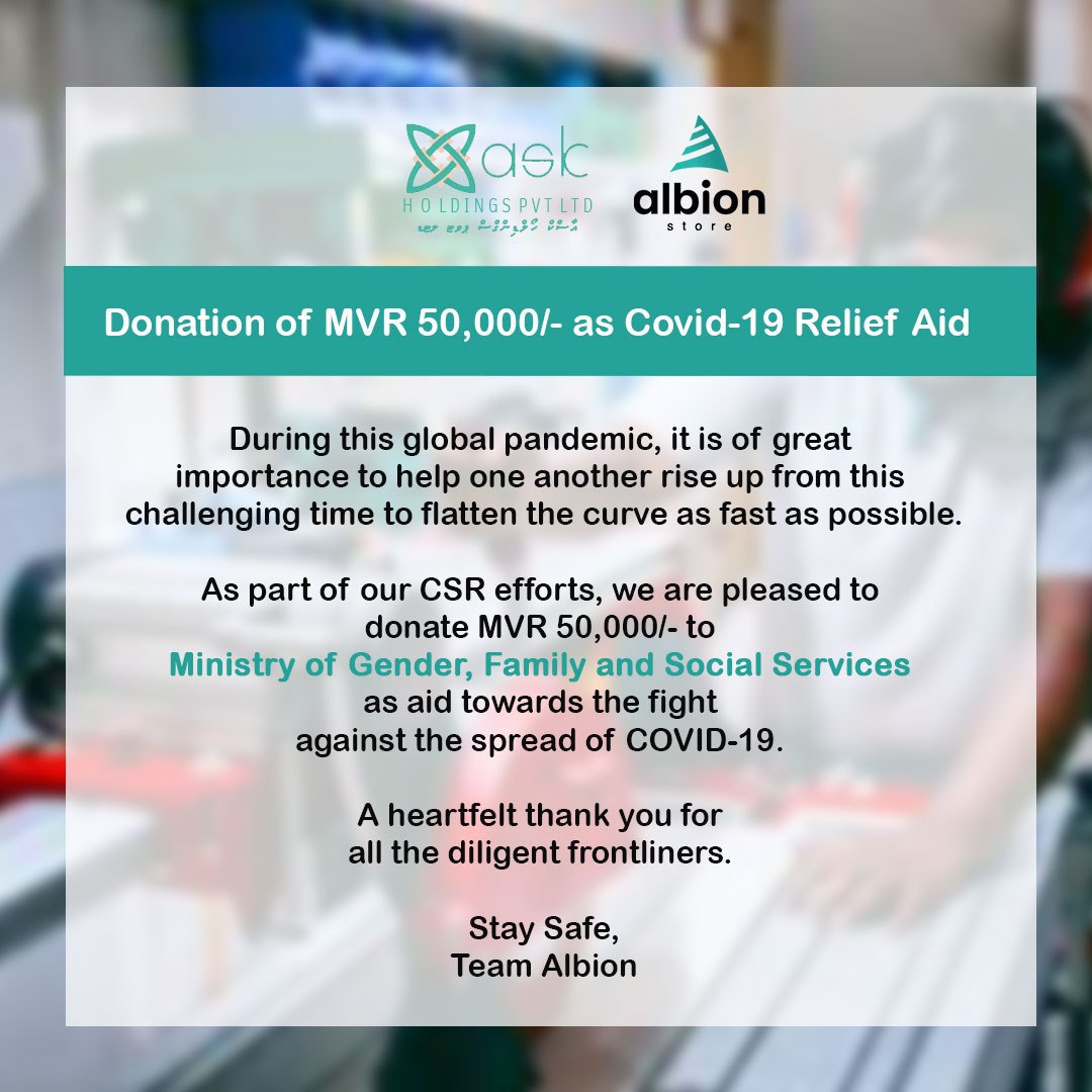 As part of our #CSR efforts, we are pleased to donate MVR50,000/- to @MoGFSSmv as aid towards the fight against the spread of Covid-19.

A heartfelt thank you for all the diligent frontliners.

#askholdingspvtltd #albion #albionstore #stayhome #covid19 #covid19maldives #staysafe