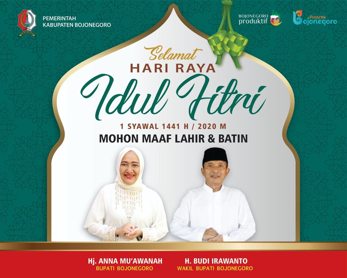pemkab_bjn's tweet photo. Segenap Jajaran Pemerintah Kabupaten Bojonegoro Mengucapkan
Selamat Idul Fitri 1 Syawal 1441 H
Minal Aidin Wal Faizin
Mohon Maaf Lahir dan Batin.
Silaturahmi tetap jaga protokol kesehatan untuk mengantisipasi penyebaran Covid-19
#IdulFitri1441H https://t.co/2Gti0y8wSS
