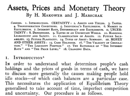 Before being dismissed by Nazis, warned by Leo Szilard, Marschak & family emigrated, again Settled in Oxford, where he opened the Institute of Statistics. W/ Helen Makower, introduced portfolio approach to demand of money, wrote on labor mobility, & uses of budget studies