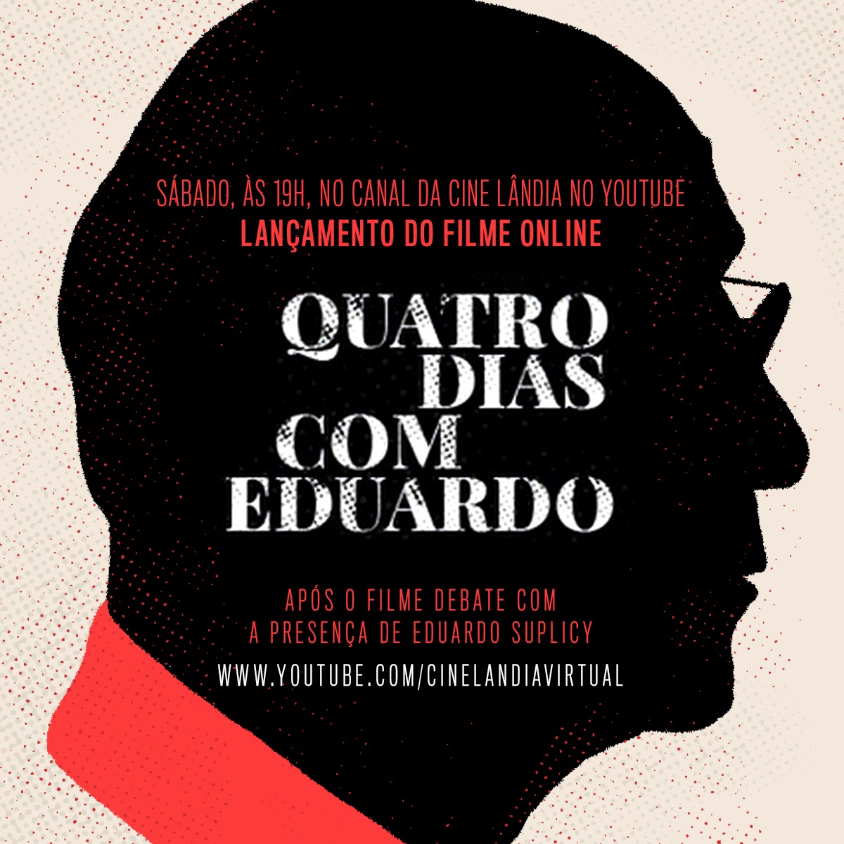 É hoje! Está todo mundo convidado para assistirmos hoje <a href="/4diascomEduardo/">Quatro Dias Com Eduardo</a>, às 19h, com debate depois. Basta acessar youtube.com/CineLandiaVirt…. Espero vocês! Será um prazer enorme!
