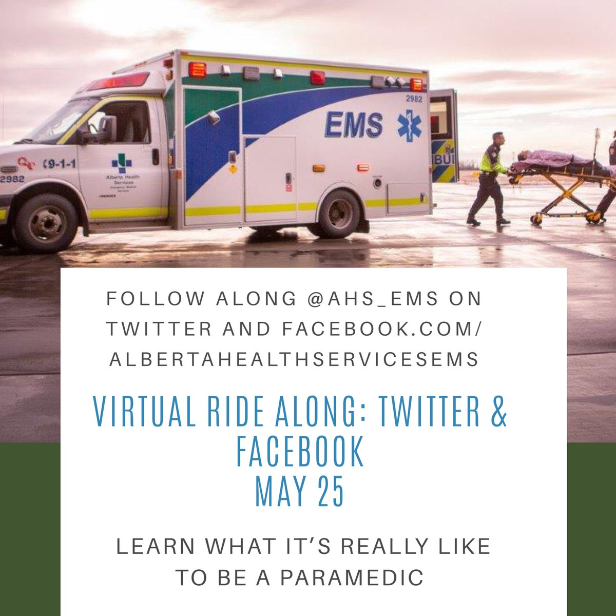 ahs_ems's tweet image. In recognition of #paramedicservicesweek 2020, join us on May 25 for a virtual #yourEMSridealong in @AHS_YEGZone &amp;amp; @AHS_YYCZone. We’ll take you behind the scenes of #yourEMS and give you a peek into the paramedic profession. #psweek