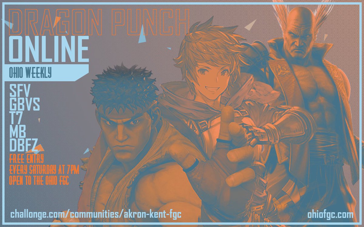 akronfgc's tweet photo. Reminder! Dragon Punch: Online #11 starts tonight at 7PM.  Free online SFV/GBVS/T7/MB/DBFZ brackets for the Ohio FGC!  Come hang out with us, it'll be a great time!

Registration, schedule and rules here 👇:
https://t.co/oLEYwgkfcz https://t.co/7TLBOYOkQf