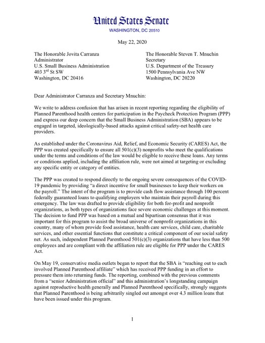 Page 1 of the letter to Administrator Carranza and Secretary Mnuchin.