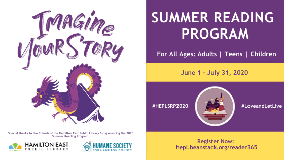 Join the HEPL community of readers this summer to achieve a combined goal of 5,000,000 minutes of reading during June and July! ow.ly/RoGD50zB9NB

We're happy to announce that this year's Summer Reading Program partner is <a href="/HamiltonHumane/">Humane Society for Hamilton County</a>! #HEPLSRP2020 #LoveandLetLive
