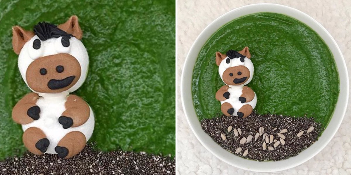 Just a pony enjoying a sunny day on a pasture made of one big apple, 100g (3 1/2 oz) kale, 1dl (1/2 cup) fresh mint, 1 big banana, 10cm (4 in) piece of cucumber, juice of half a lime and 4dl water 💚🐴 PS. The pony is made of marshmallow and serves as a delightful dessert 🍬