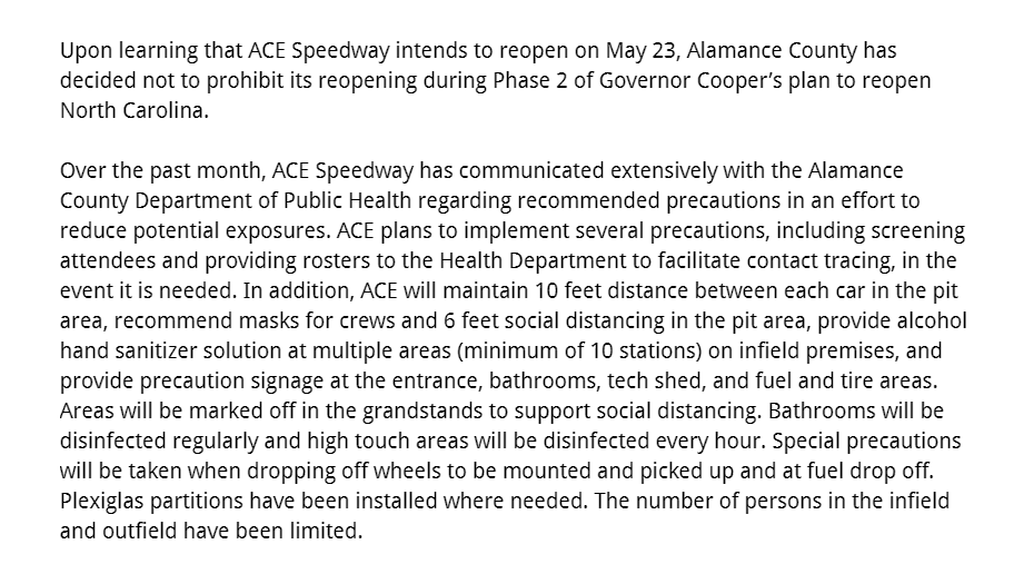 Statement from the county.  https://www.alamance-nc.com/blog/2020/05/22/alamance-countys-response-to-ace-speedway/