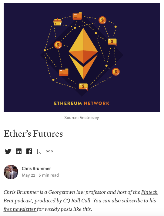 ChrisBrummerDr's tweet photo. Wrote a couple of thoughts on why last week's first ever launch of #ether futures may prove to be more significant than even the #bitcoin halvening (at least for those of us in the US).  Have a great break everyone! https://t.co/zuzgdLpB1M https://t.co/sVtNgd2ECc