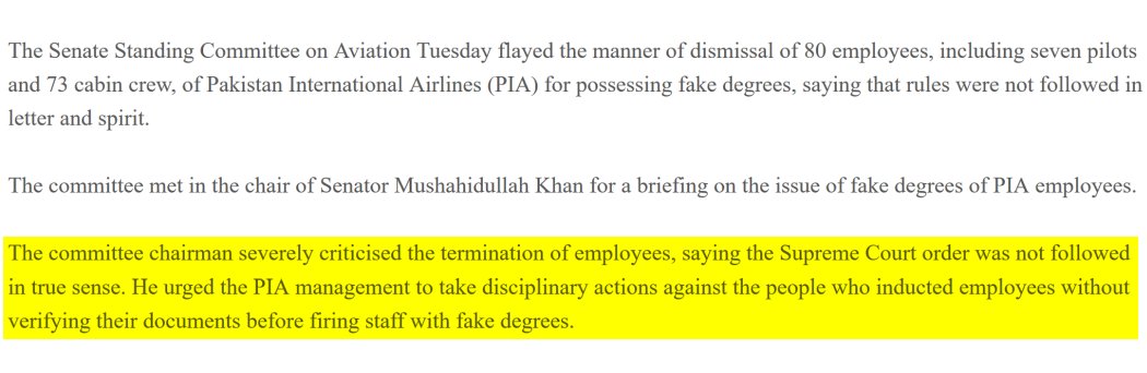 However, Mushahidullah has taken it upon himself to safeguard the employment of all fake degree holders identified or dismissed by PIA in line with SC order which clearly stated, they deserved no compassion & could be dismissed after probe.Some of Mushahidullah statements are: