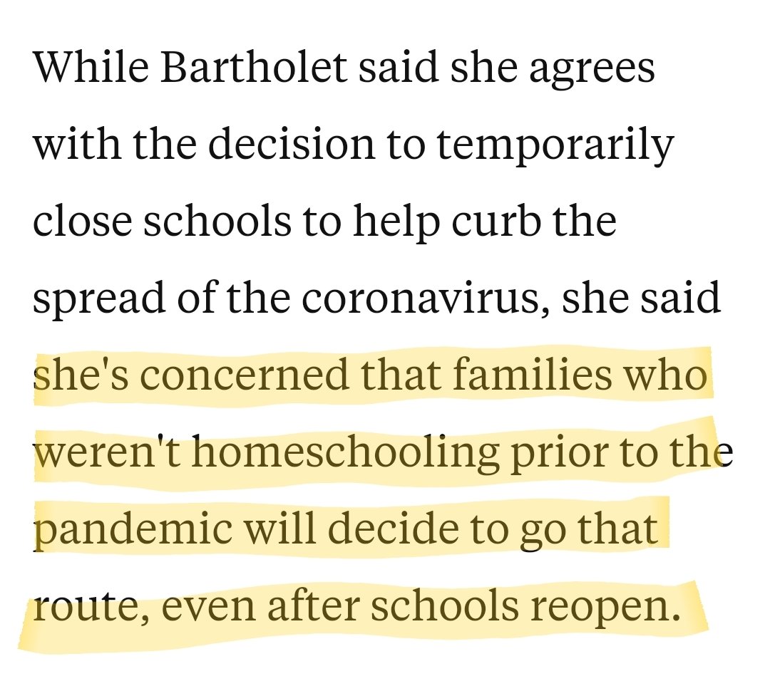 It's afraid."She's concerned that families who weren't homeschooling prior to the pandemic will decide to go that route, even after schools reopen."