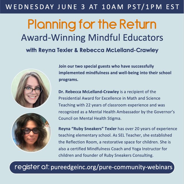We hope you will join us! 💫
June 3rd @ 10am PST / 1pm EST
Register at <a href="/pureedgeinc/">Pure Edge, Inc.</a> 💛
<a href="/Bec_Chirps/">R. McLelland-Crawley 🌻</a> #mindfulness #sel #education #wellness #breathe