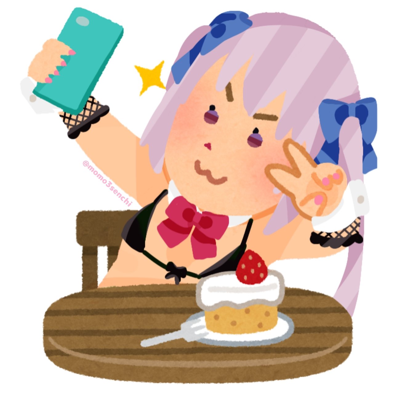 もちつき カフェなどでケーキと一緒にsns映え インスタ映え を意識した自撮り 自画撮り セルフィー を撮影している白神のあのイラスト いらすとや 白神のあーと T Co Jl3magxkml Twitter