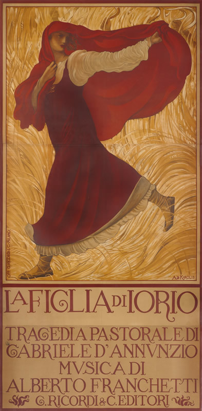 intlposter's tweet photo. La Figlia di Iorio by Adolfo de Carolis (1906 ca.) https://t.co/0lnHIwUzv7

This is a stunning 10ft poster for an opera in 3 acts. The libretto corresponded to D'Annunzio's 1904 play about a witch in Abruzzo who is hunted by locals. Her lover tries to help her escape to no avail. https://t.co/amNusPso5r