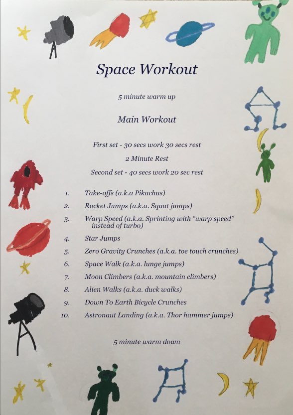 aplacenearyou's tweet photo. Ida age 8 from East Devon has made a space themed astronaut workout for @thebodycoach homework. She would love to have Joe try it out as part of her @Girlguiding Brownies space badge. #PEwithjoe #homeworkwithJoe https://t.co/oOFlQESF5i