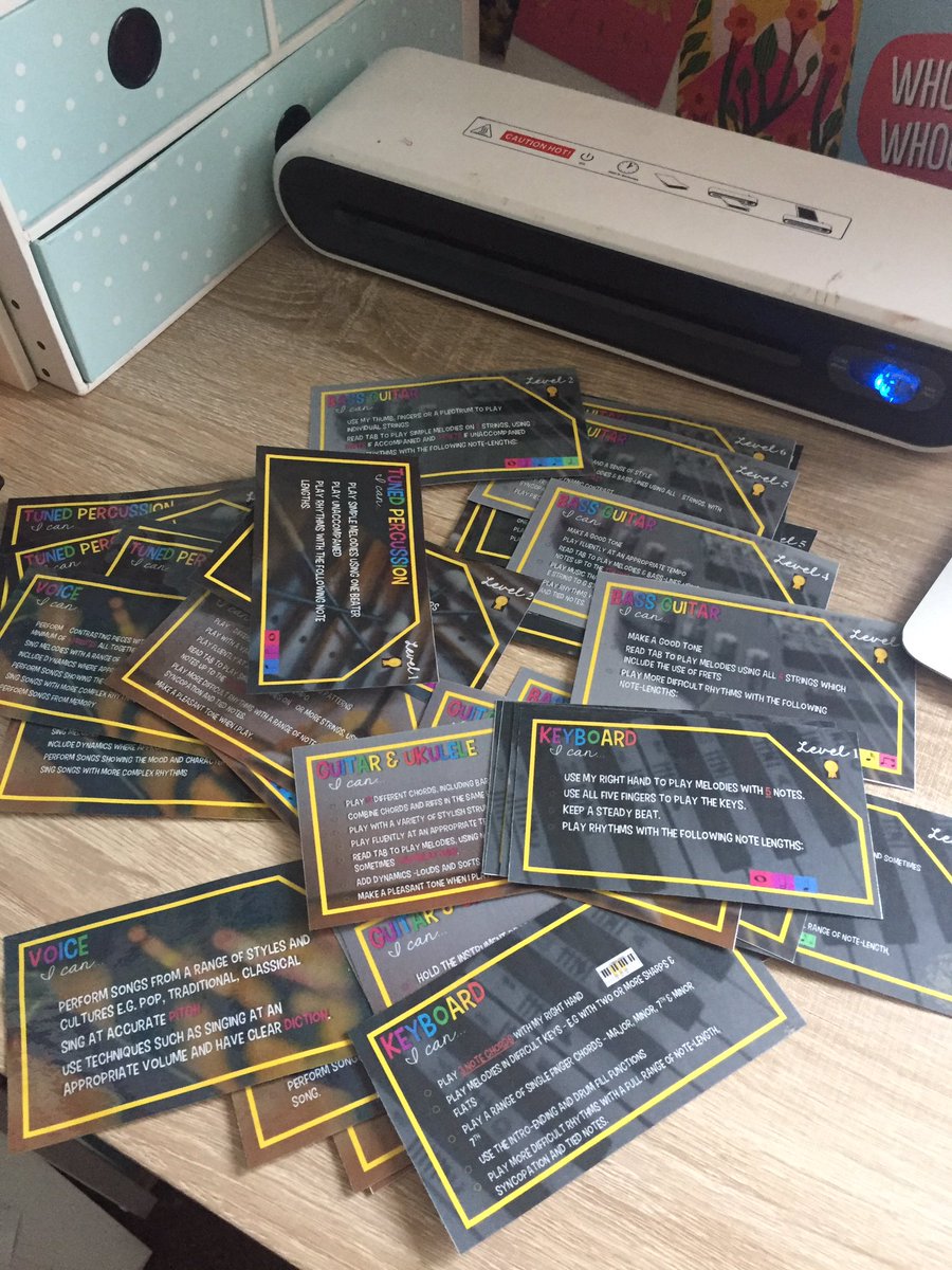 Decided to have a printing and laminating since the weather is so horrid. Special thanks to @MrsSlaterMusic for these fabulous flash cards to track pupil progress! 🎶