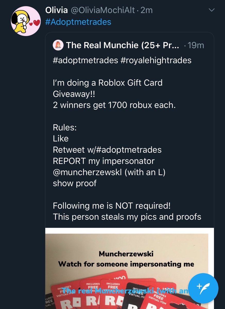 The Real Munchie On Twitter Adoptmetrades Royalehightrades I M Doing A Roblox Gift Card Giveaway 2 Winners Get 1700 Robux Each Rules Like Retweet W Adoptmetrades Report My Impersonator Muncherzewskl With An L Show - 19m robux