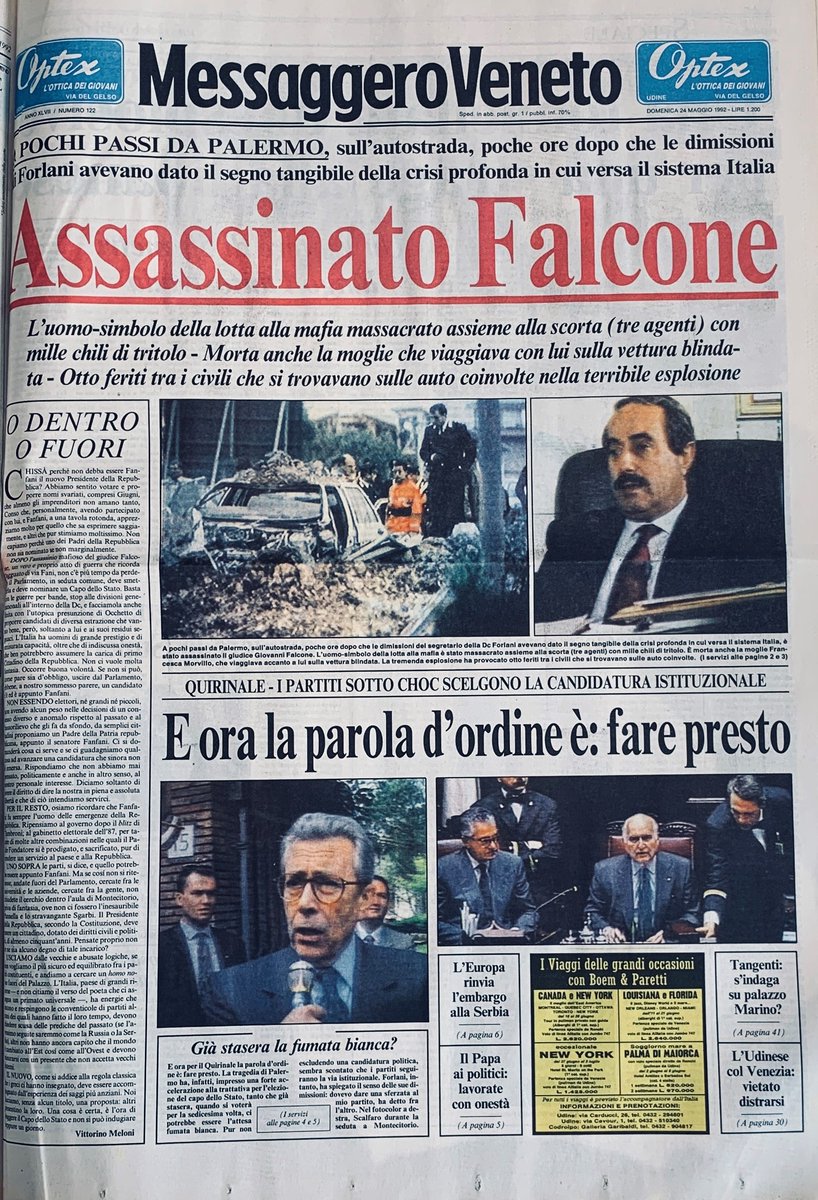 🗒 Ventotto anni fa la strage di #Capaci

➡️ Qui la riflessione di don Pierluigi Di Piazza: bit.ly/2ZqG4Nc

⬇️ Così il Messaggero Veneto, in prima pagina, riportava la notizia