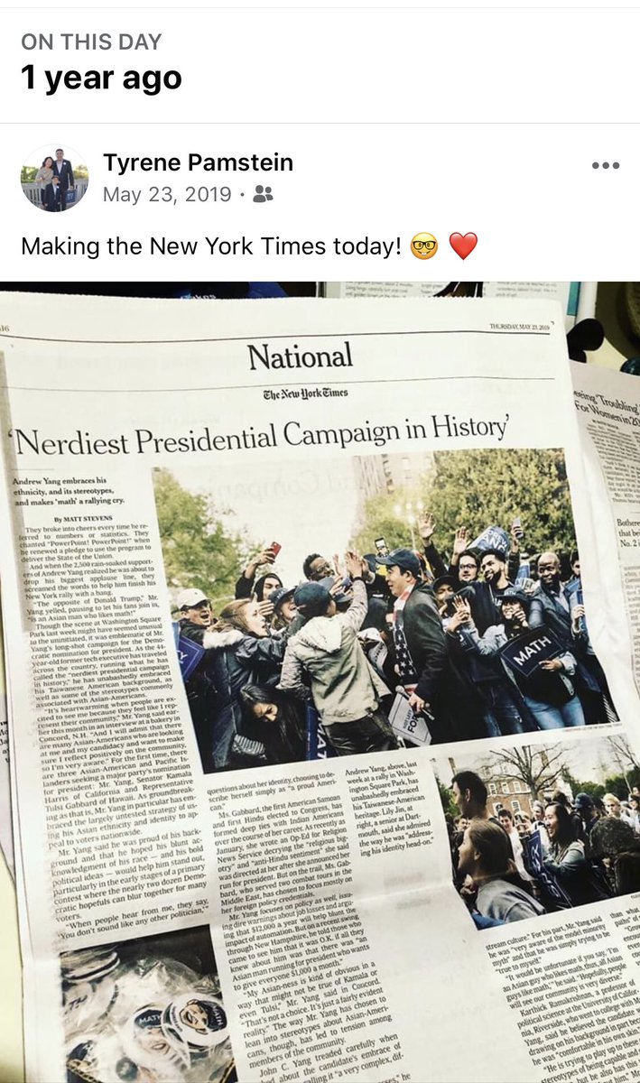 TyrenePamstein's tweet photo. #YangMemory β Making the NYT a year ago was a big deal. Now future president @AndrewYang is everywhere in the media and now many strong candidates reppin #YangGangForCongress too. Very proud of the #YangGang. Weβve come a very long way. ππ https://t.co/P2ikD11JbR