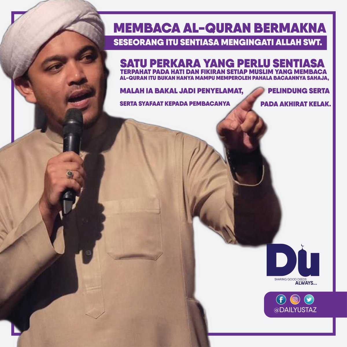 DailyUstaz's tweet photo. MEMBACA AL-QURAN BERMAKNA SESEORANG ITU SENTIASA MENGINGATI ALLAH. Satu perkara yang perlu sentiasa terpahat pada hati &amp; fikiran setiap muslim adalah membaca Al-Quran itu bukan hanya mampu memperoleh pahala bacaannya sahaja.
-  Pencetus Ummah Syed

#dailyustaz #islam #PUSyed https://t.co/9Q5GiIyHlE
