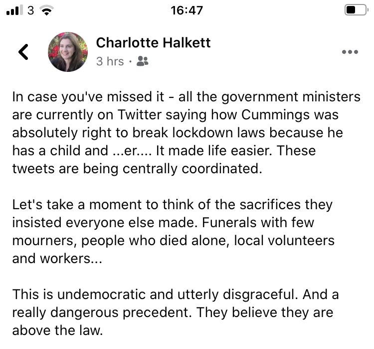 lucygoss's tweet image. I couldn’t agree more with ⁦@charliehalkett⁩.My patients aren’t allowed visitors until the last day or so of life.Yet the government, instead of admitting DC broke the rules &amp;amp; apologising, decides it’s better to find a ludicrous way to pretend he didn’t. Liars &amp;amp; hypocrites