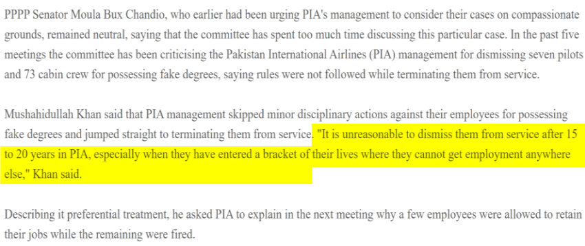 It is unreasonable dismiss fake degree holding employees even after 15-20 years of employment which they got by committing a crime in the first place. Wow Mushahidullah!Why such compassion only for fraudsters?