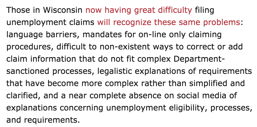 Walker instituted a series of changes that made it harder to apply for benefits, similar to Florida, by making the application process unnecessarily cumbersome, including longer applications and online applications that didn't functional well 3/