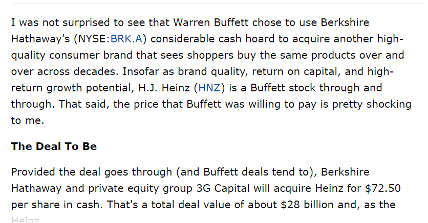 Many were very confused why Buffet would overpay for Heinz, what it meant as a shady deal all along? https://seekingalpha.com/article/1183581-heinz-may-be-a-buffett-stock-but-this-isnt-a-buffett-price
