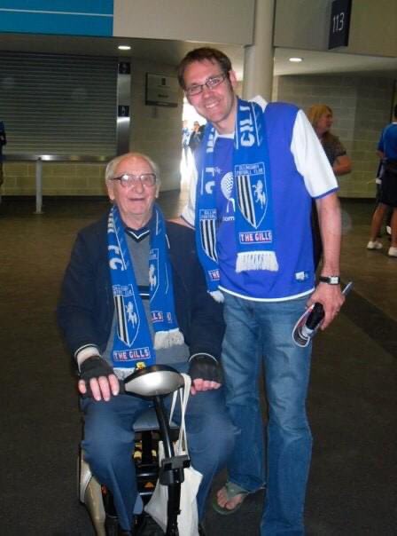 RhodesLee's tweet photo. It’s not always easy being a @TheGillsFC supporter but many happy memories shared with my grandad - one of our last games together 11 years ago today at Wembley - how happy does he look #GFC #bluearmy #menofkent https://t.co/C0fed04j2e